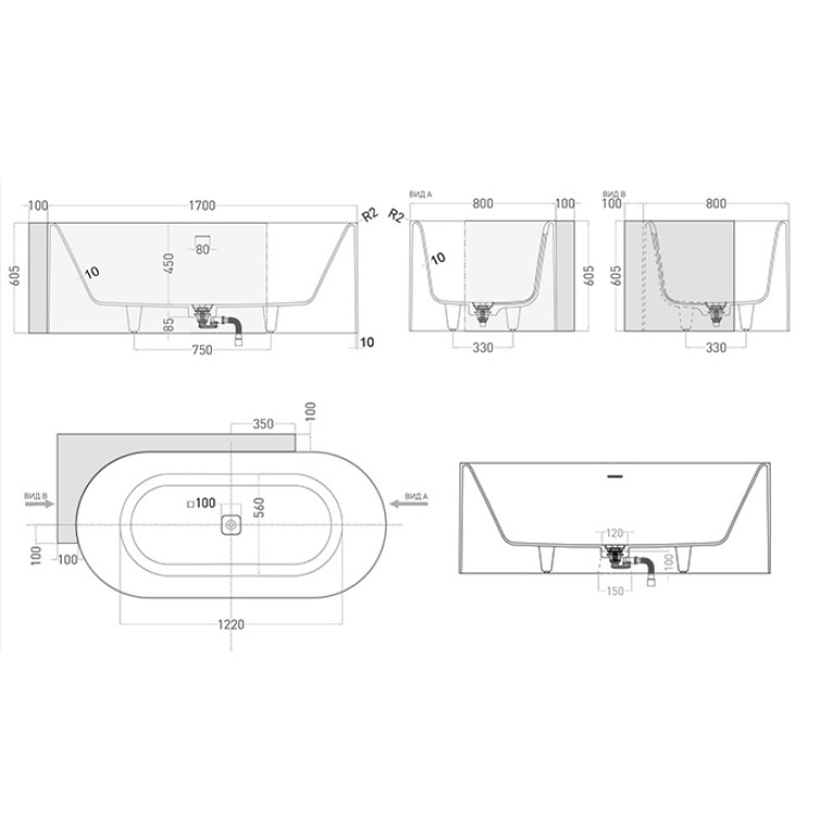 Salini Perla CL Ванна S-Stone 180x90x60см в левый угол, интегрированный слив-перелив, донный клапан, сифон, ножки , цвет белый матовый