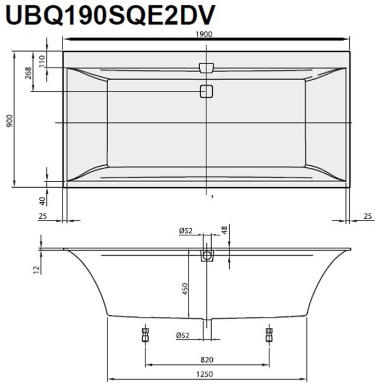 VilleroyBoch Squaro Edge 12 Ванна 1900*900*450  ножки, слив-перелив цвет  хром и белый, ванна цвет: белый