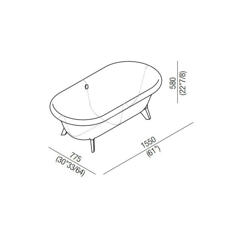 Agape Ottocento Small Ванна отдельностоящая 155x77.5x58 см, слив-перелив хром, цвет: светло-серый