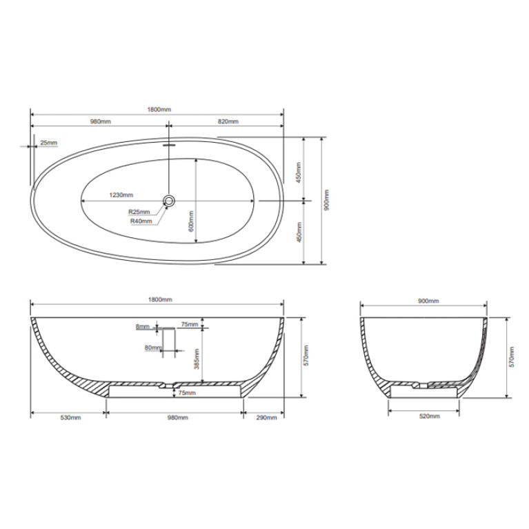 DEA DESIGN Modern Ванна отдельностоящая 180&times;90&times;h57 см, материал: Solid Surface искуственный камень, цвет: Grey №3
