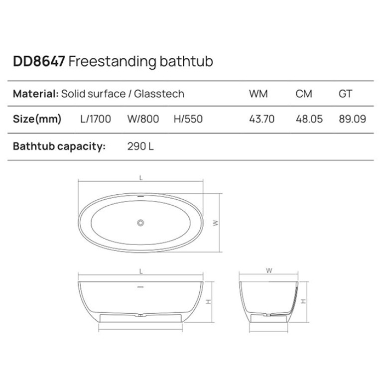 DEA DESIGN Nature Ванна отдельностоящая 170x80xh55 см, материал: Solid Surface искуственный камень, цвет: White №18