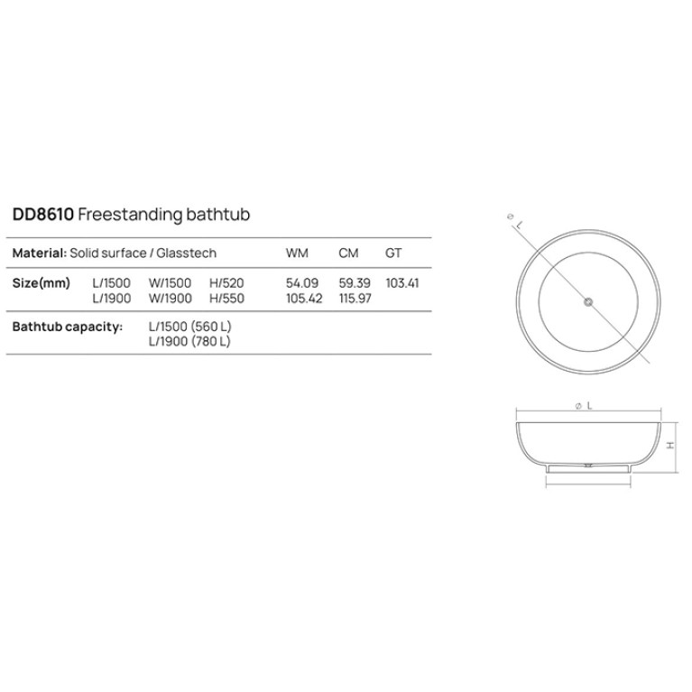 DEA DESIGN Round Ванна отдельностоящая 150x150xh52 см, материал: Solid Surface искуственный камень, цвет: White №18