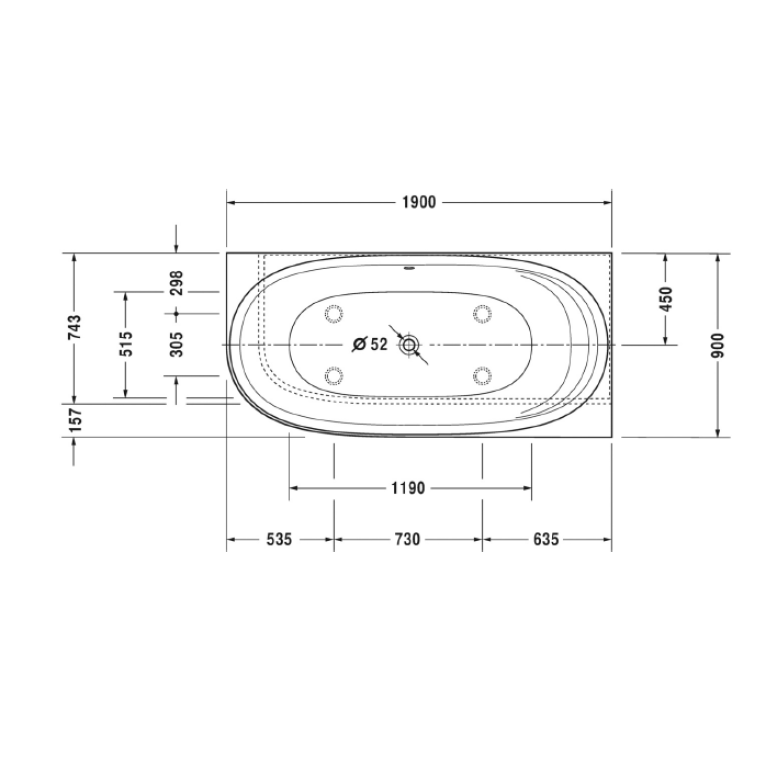 Duravit Cape Cod Ванна угол справа 1900x900mm с бесшовной панелью и ножками, с одним наклоном для спины, цвет белый