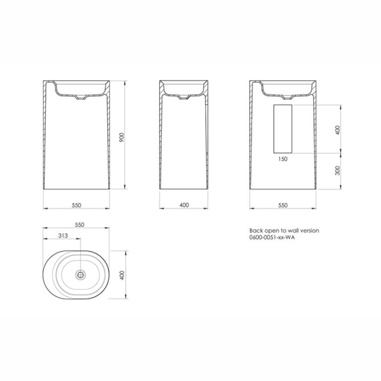 KNIEF Pearl Раковина отдельностоящая  50х40х90 см  без перелива, цвет белый матовый (слив в пол)