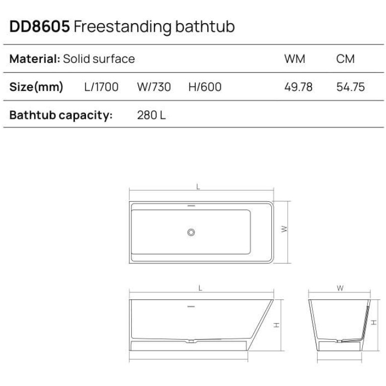 DEA DESIGN Soul Ванна отдельностоящая 170x73xh60 см, материал: Solid Surface искуственный камень, цвет: Black №16