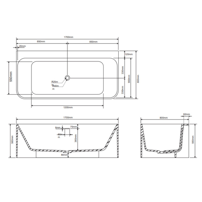 DEA DESIGN Modern Ванна отдельностоящая 170x80xh56 см, материал: Solid Surface искуственный камень, цвет: Grey №3