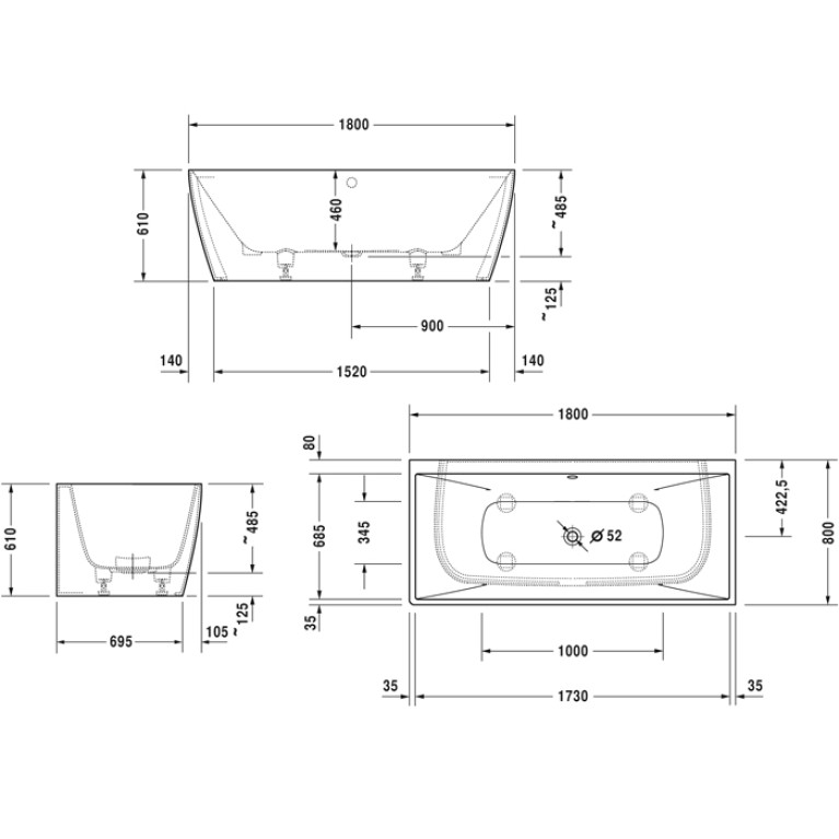 Duravit Vitrium Ванна прямоугольная  пристенная 1800x800мм, с ножками, с2 наклонами для спины, цвет матовая корица
