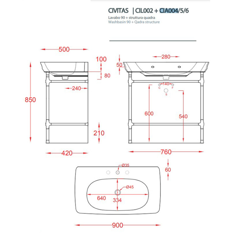 Artceram CIVITAS Металическая структура Quadra 76х44хh80,5см для раковины 90, цвет: розовое золото