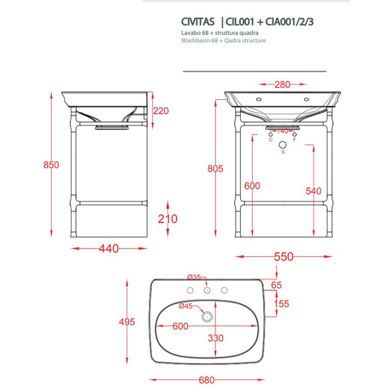 Artceram CIVITAS Металическая структура Quadra 55х44хh80,5см для раковины 68, полка сетка, цвет: золото