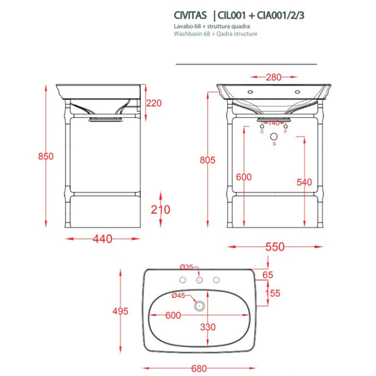 Artceram CIVITAS Металическая структура Quadra 55х44хh80,5см для раковины 68, полка стекло, цвет: розовое золото