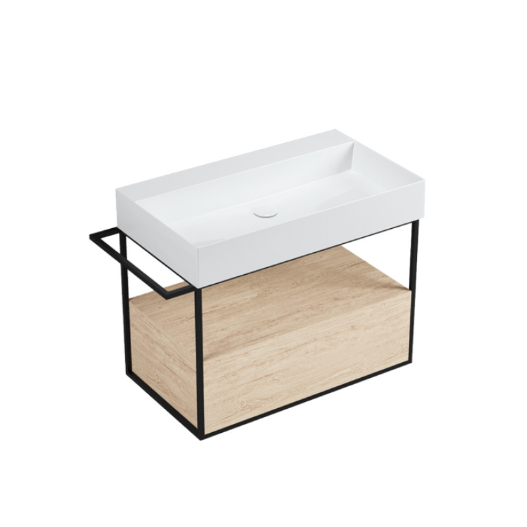 AZZURRA ELEGANCE SQUARED  Структура под раковину 89x44,5xH52 см., 1 ящик, полотенцедержатель, цвет структуры черный матовый, цвет ящика Olmo naturale