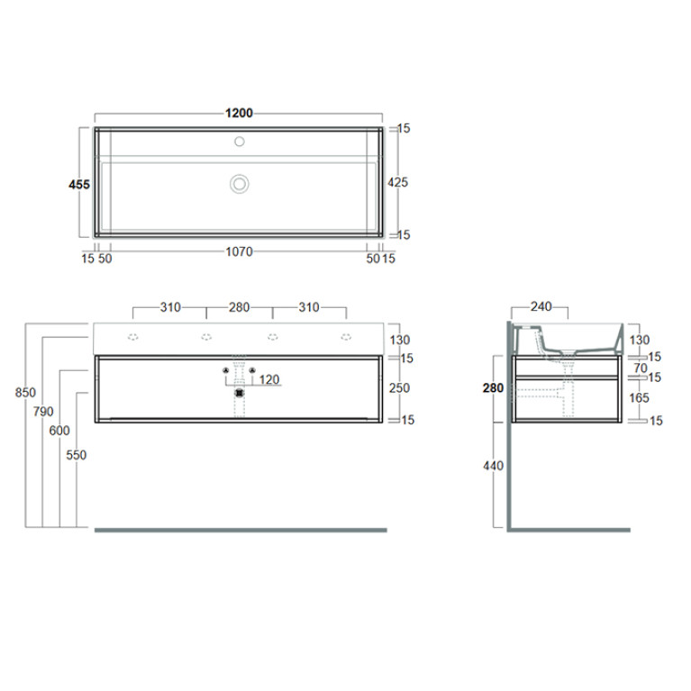 SIMAS AGILE Структура металлическая 121x46xh28 см, подвесная, для раковины AG121, с 1 полкой, цвет черный матовый