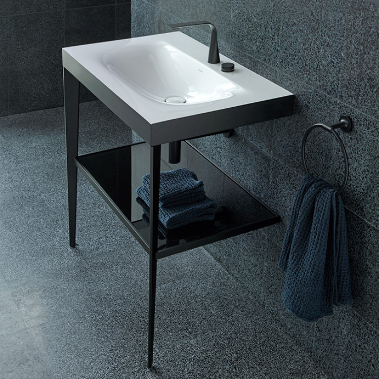 Duravit XViu Консоль напольная, 850x800x480мм с полкой, с раковиной без перелива, 2 отв., цвет: black matt/black high gloss lacquer
