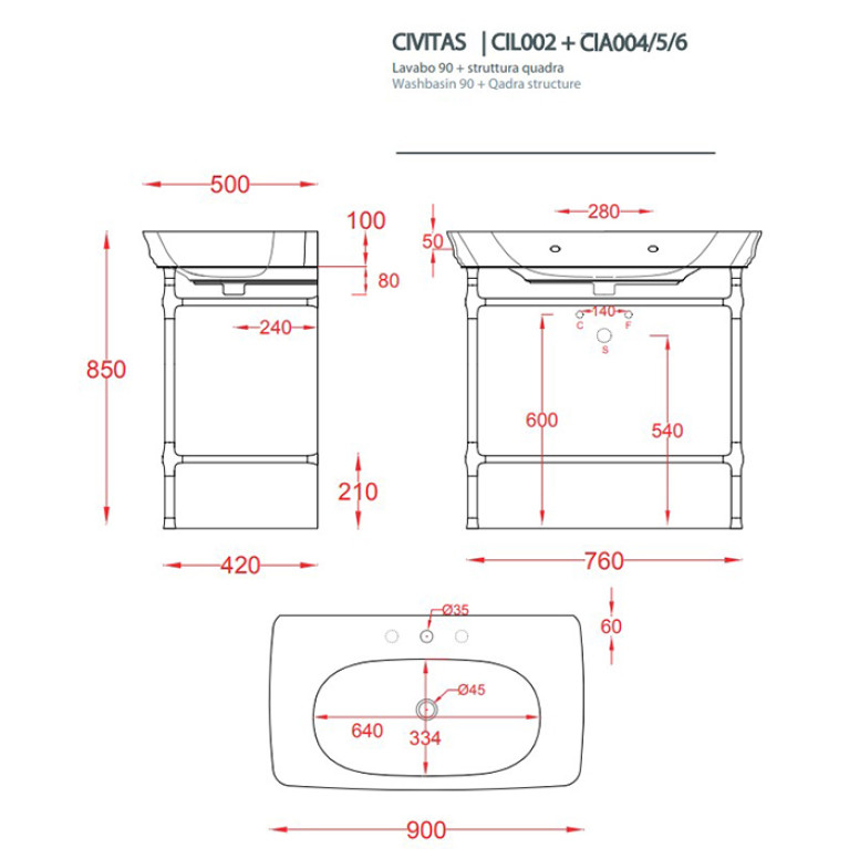 Artceram CIVITAS Структура металлическая Quadra для раковины 90см, полка стекло, цвет золото