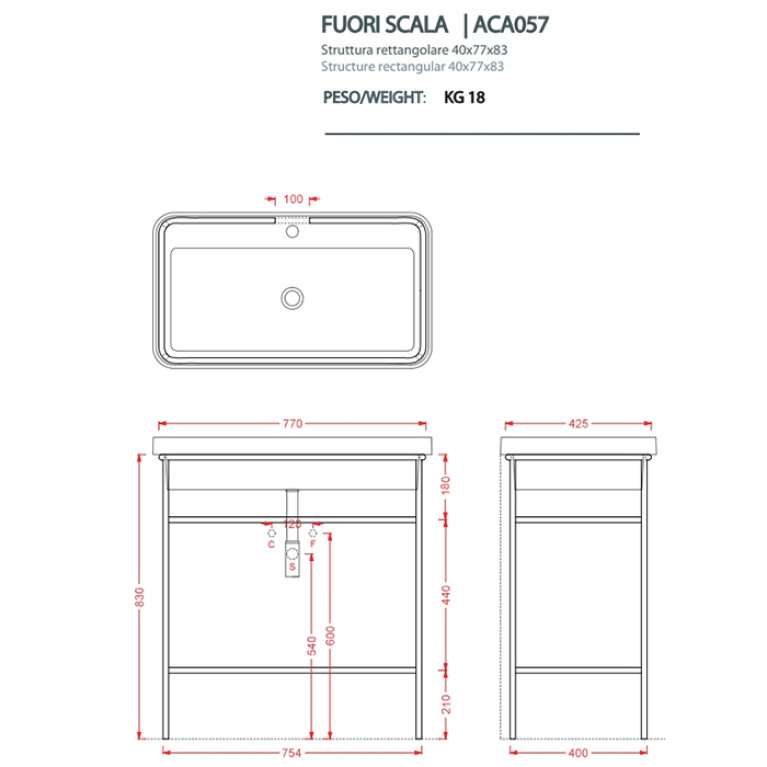 Artceram FUORI SCALA Металическая структура 40x77хh83см для раковины Fuori Scala rettangolare 81, цвет: черный матовый (без полки)