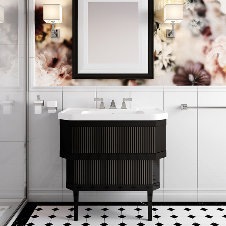 DevonDevon Metropolitan ceramic Тумба из лакир дерева DEEP BLACK  89х87.5 с раковиной из белой керамики на 3 отв, планки крашенное дерево DEEP BLACK