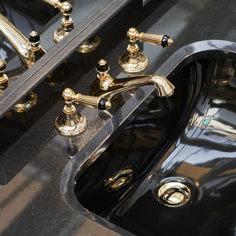 DevonDevon Metropolitan Тумба под раковину DEEP BLACK 88,5см, планками светл золото, столешница  GRANITO NERO ASSOLUTO, раковина SWINDON черная