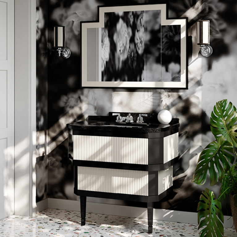 DevonDevon Metropolitan Тумба под раковину DEEP BLACK 88,5см, планками PURE WHITE, столешница  GRANITO NERO ASSOLUTO, раковина SWINDON черная