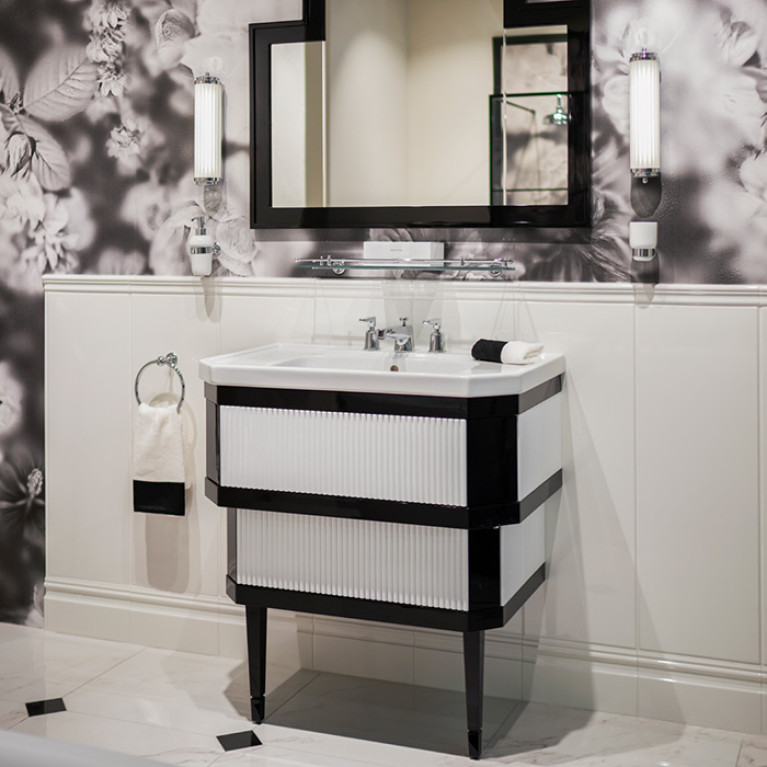 DevonDevon Metropolitan ceramic Тумба из лакир дерева DEEP BLACK  89х87.5 с раковиной из белой керамики на 3 отв, планки крашенное дерево PURE WHITE