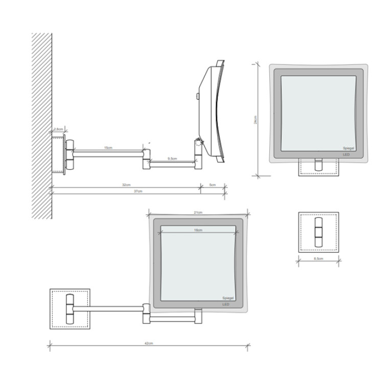 Decor Walther BS 84 TOUCH Зеркало косметическое 235x210x370мм, настен, питание от батареек, 5-кратное увелич, LED подсветка с сенсорным выкл, цв хром