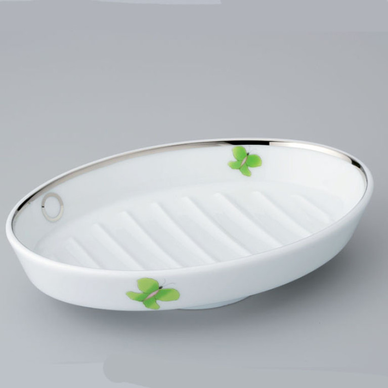 THG CAPUCINE VERT DECOR PLATINE Мыльница керамическая, настольная, декор платина/зеленый, цвет белый