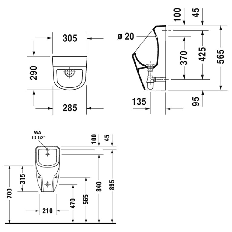Duravit D.1  Писсуар без мушки, 290 мм х 305 мм, подача воды сзади, сифон,   Цвет: Белый (Спец.цена из наличия)