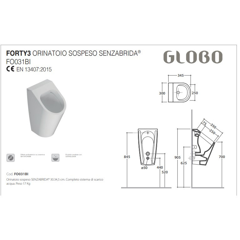 GLOBO Forty3 Писсуар подвесной безободковый 30х35 h56 см, крепежи в компл, цвет Nero opaco