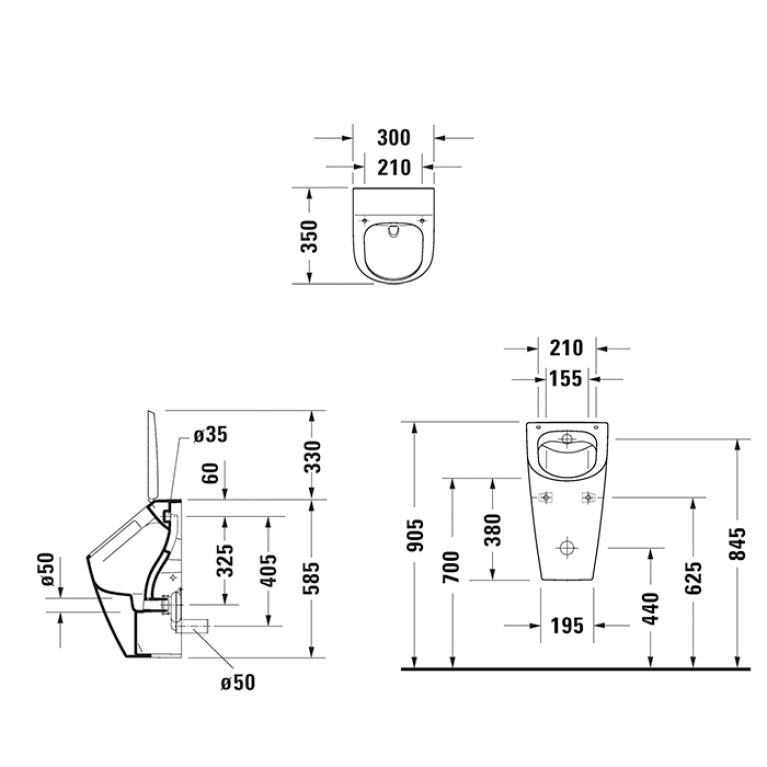Duravit ME by Starck Dry Писсуар Duravit Rimless&reg; 0,5 л без смывного края, подача воды сзади, вкл. Крепеж,   Цвет: Белый