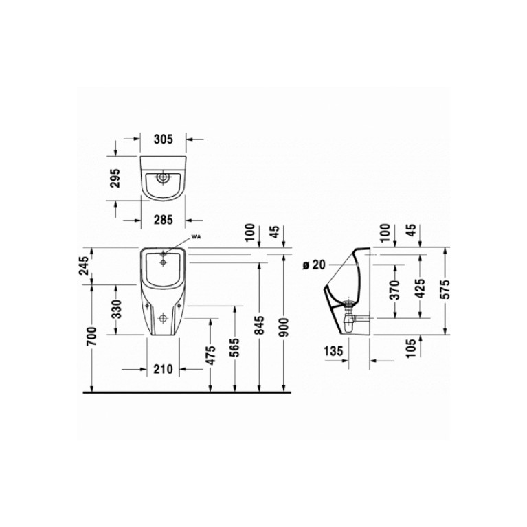 Duravit D-code писсуар,без мушки,305x295мм.подача воды сзади,белый