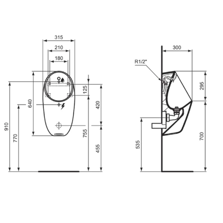 Ideal Standard i.life Писсуар подвесной 640х310х300 мм,Rimless сенсорный, в компл.: крепеж, сифон, датчик 6.5v, цвет: белый глянец
