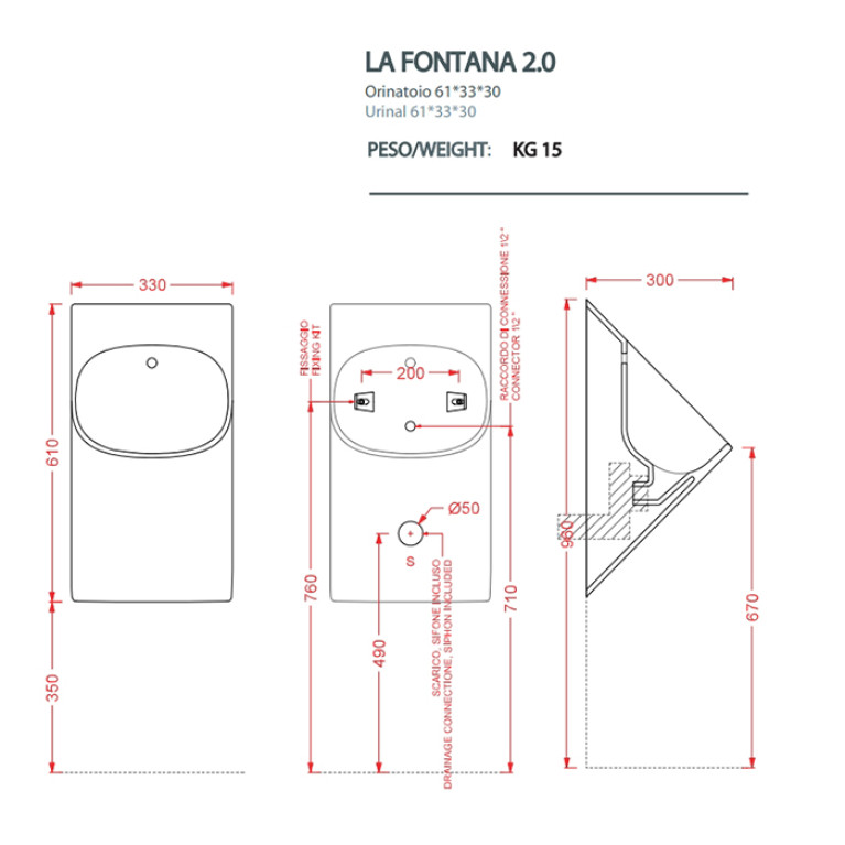 Artceram LA FONTANA 2.0 Писсуар подвесной 33х31хh620см, с сифоном и крепл., цвет: белый THE.SANIGLAZE