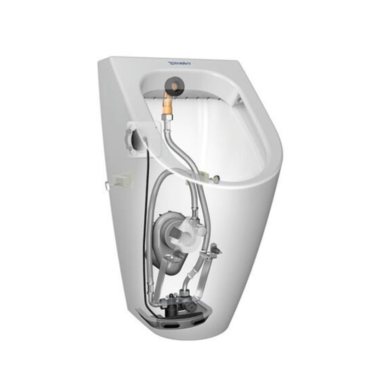 Duravit ME by Starck Писсуар Rimless электронный писсуар с питанием от сети, без смывного края, подача воды сзади, с вытяжкой, сток гориз. без мушки