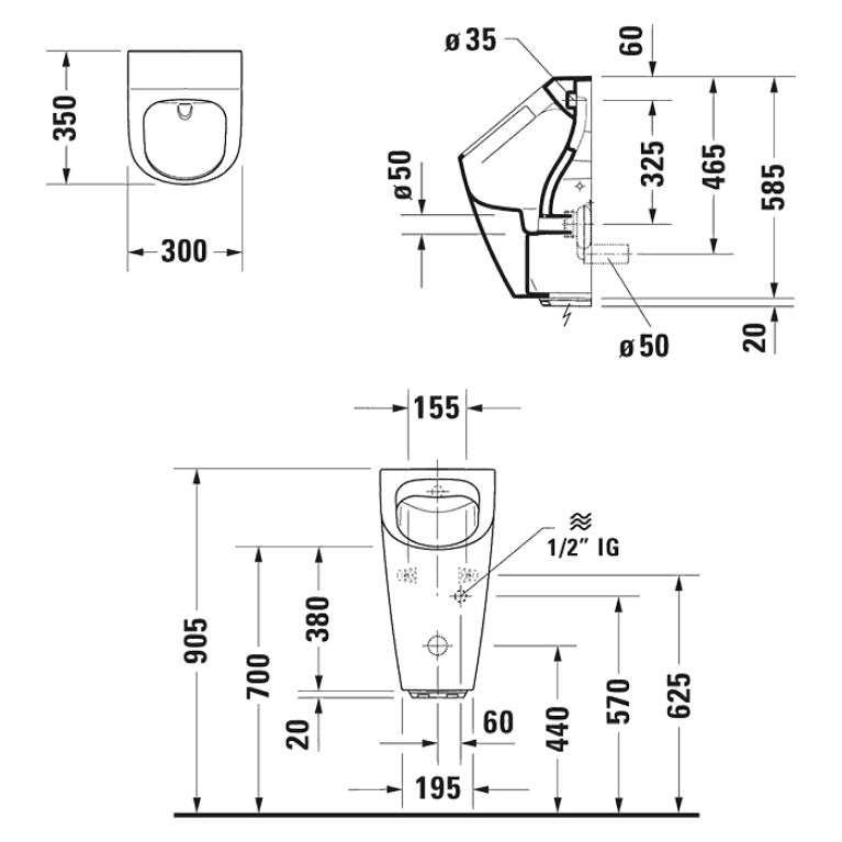 Duravit ME by Starck Писсуар Rimless электронный писсуар с питанием от сети, без смывного края, подача воды сзади, с вытяжкой, сток гориз. без мушки