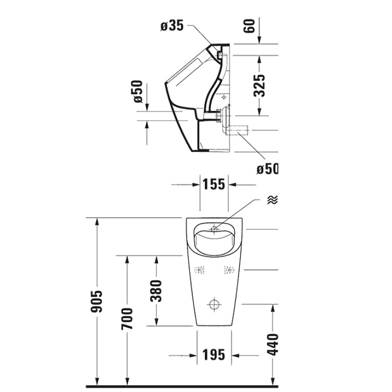Duravit ME by Starck Писсуар Rimless 0,5л.,  подача воды сзади, с вытяжкой, сток горизонт.,с креплением (Спец.цена из наличия)