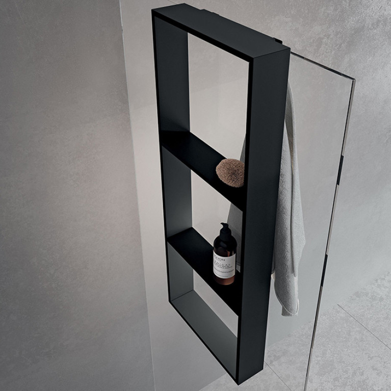 NOVELLINI FRAME Аксессуары для кабины 350х900 мм., с 3 внутренними полками и внешним крючком, для крепления на стекло, цвет черный матовый