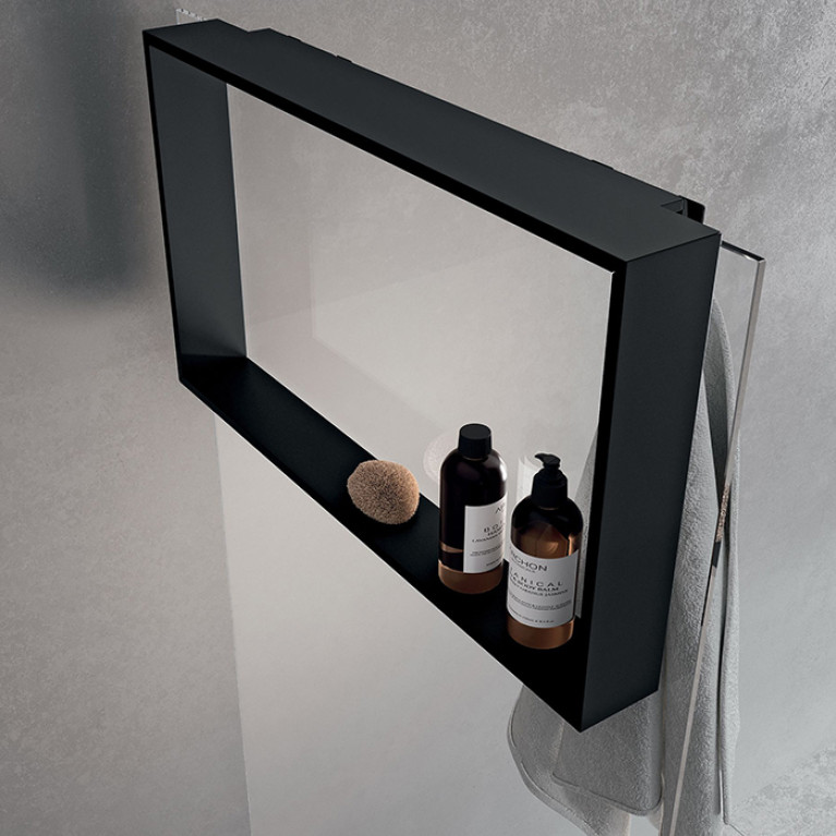 NOVELLINI FRAME Аксессуары для кабины 700х400 мм., с внутренней полкой и внешним крючком, для крепления на стекло, цвет черный матовый