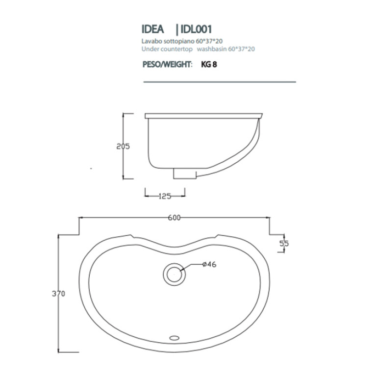 Artceram WASHBASINS IDEA  Раковина встраиваемая снизу 60Х37 см, без отв под смеситель,  без крепежа ACA001, цвет белый.