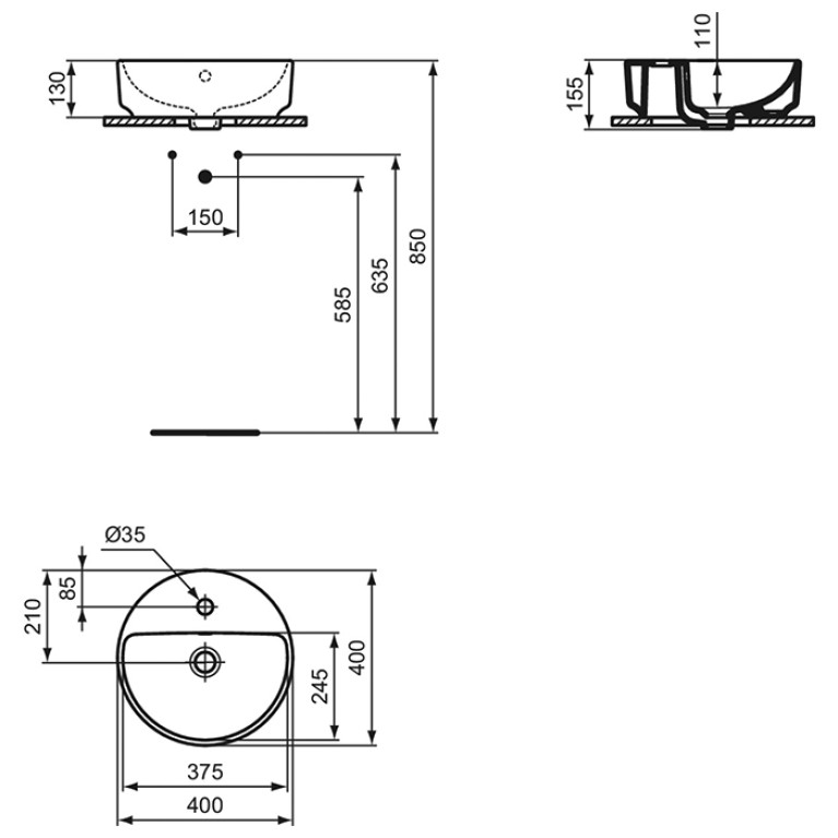 Ideal Standard i.life O Раковина 400х400хh130 мм, накладная, с 1м отв. под смес., с переливом, без крепежа, цвет: белый глянец