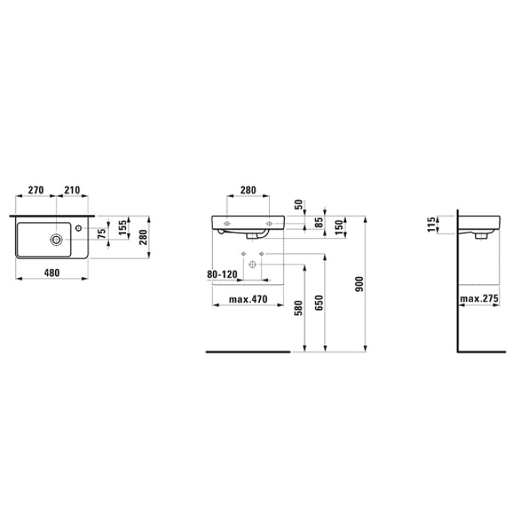 Laufen Pro S мини-раковина, полка справа, 480x280x85 мм, 1 отв для смесит, покрытие LCC, белый (ПО ЗАПРОСУ!)
