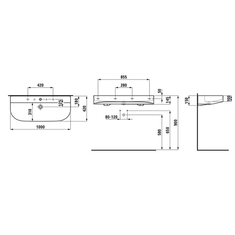 LAUFEN SONAR Раковина 1000x420x145 мм., без отв для смесителя, с переливом, цвет белый (ВРЕМЕННО не поставляем!)