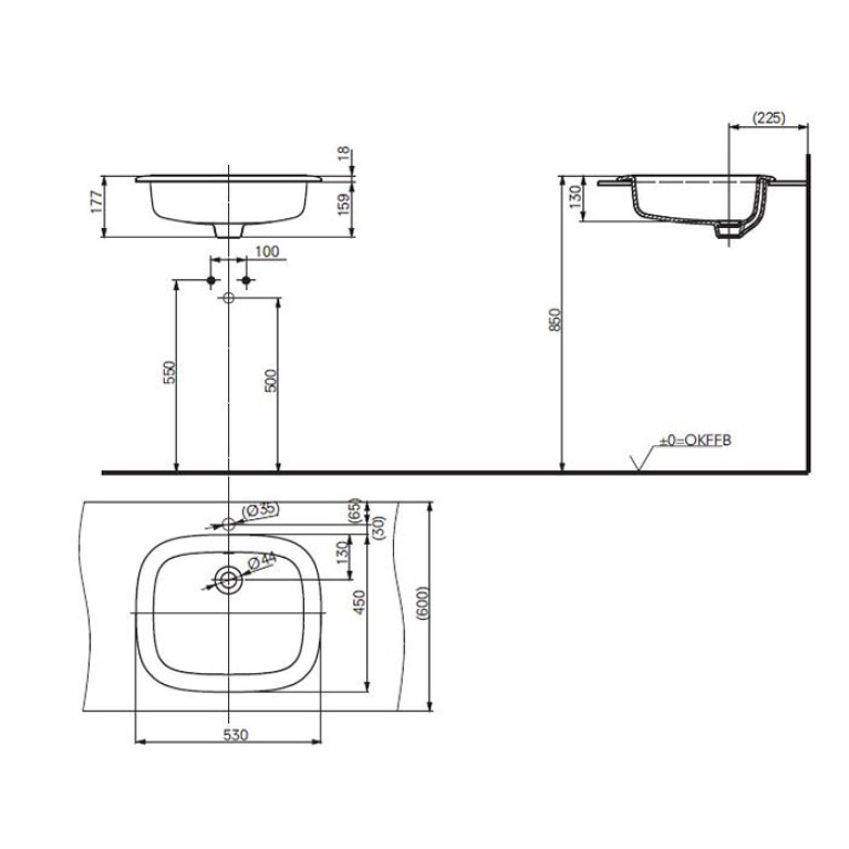 TOTO PUBLIC Раковина 530x450x177мм, встраиваемая сверху, без отв.под смеситель, с переливом, CeFiONtect, цвет:  белый