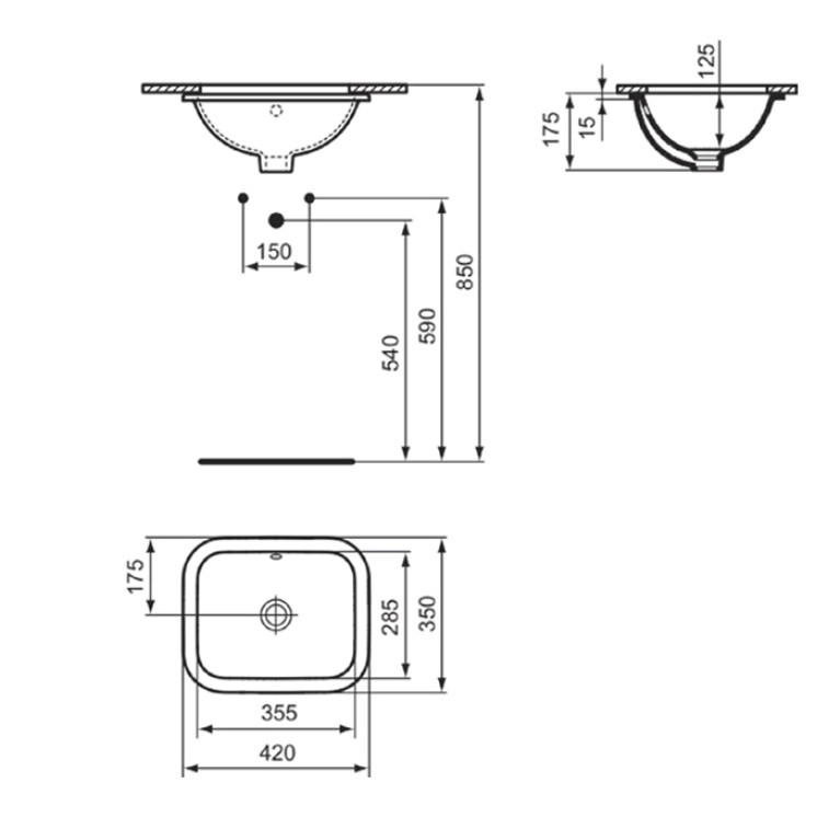 Ideal Standard Connect Раковина 420х350 мм, прямоугольная, встриваемая снизу без отв. под смес., + крепеж, цвет: белый глянец
