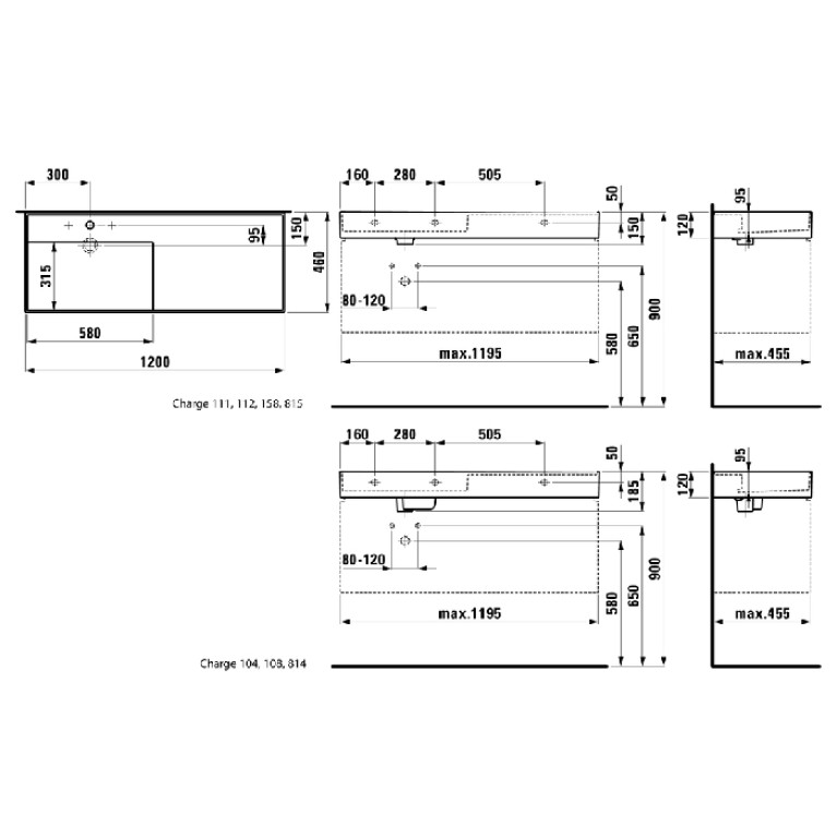 Laufen Kartell Раковина 1200х460х120мм с 3 отв. под смес, со скр сливом, полка справа, цвет: белый глян  (продаем с базой 4.0764.8.033.640.1)СПЕЦЦЕНА!
