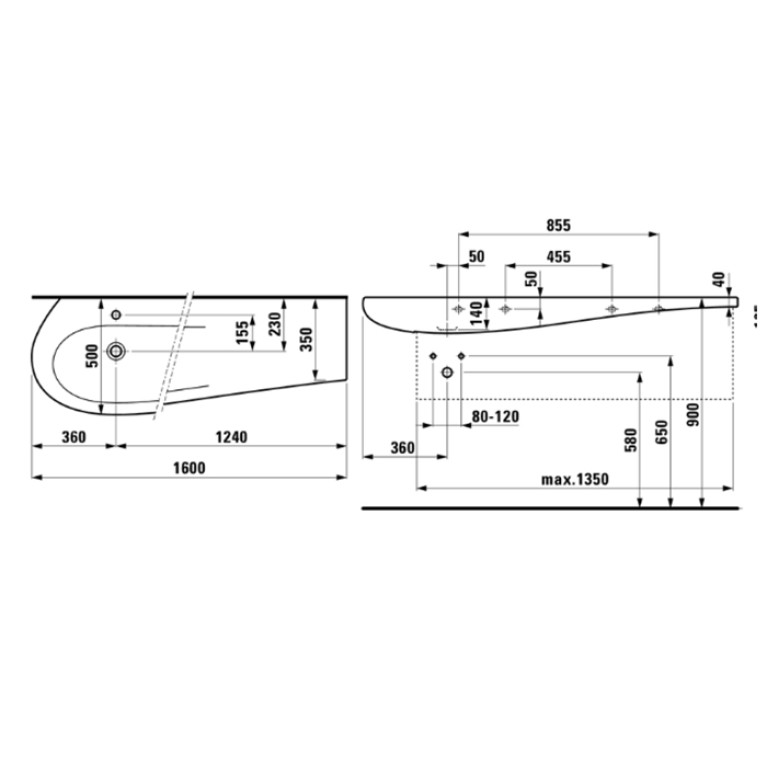 Laufen Alessi One Раковина 1600х500х165мм с 1 отв. под смесит, полка справа, с покр. LLC, цвет: белый