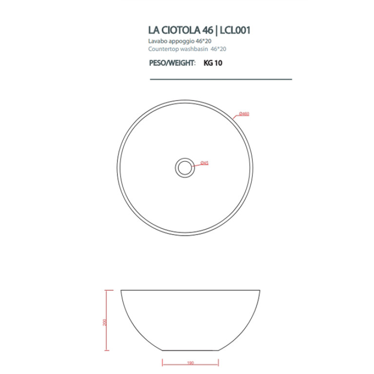 Artceram LA CIOTOLA Раковина накладная 46 см, без отв под смеситель, без слива перелива, цвет белый