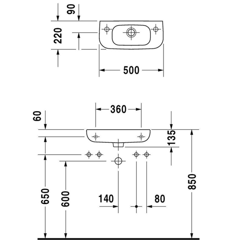 Duravit D-Code Раковина для рук с перел., с 1 отв. под смес. справа, 500x220мм, Ццвет: белый (Спец.цена из наличия)