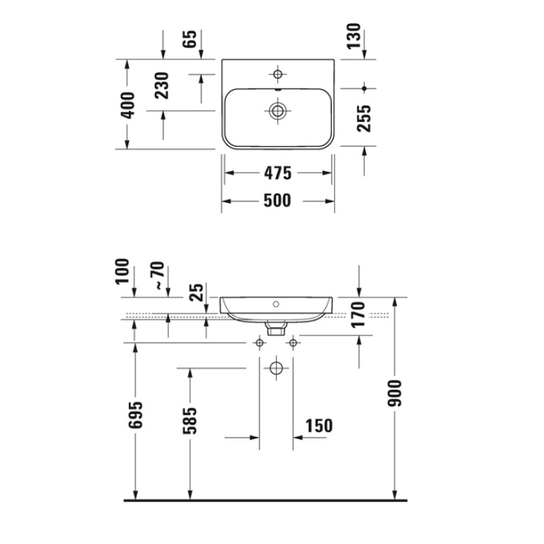 Duravit Happy D.2 Plus Раковина 500х400мм с переливом,  1 отв под смес, с креплением,  выпуск с керам. покрытием цвет Anthracite matt/белый