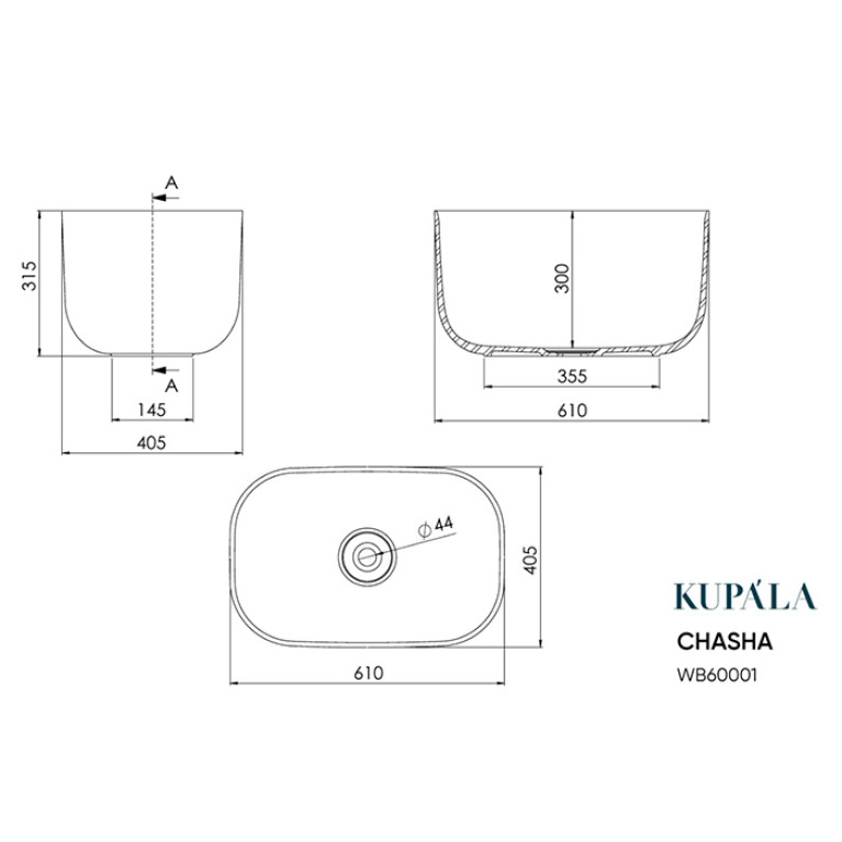 KUPALA CHASHA Раковина чаша 600X400X320 мм, искусственный камень, цвет: белый матовый