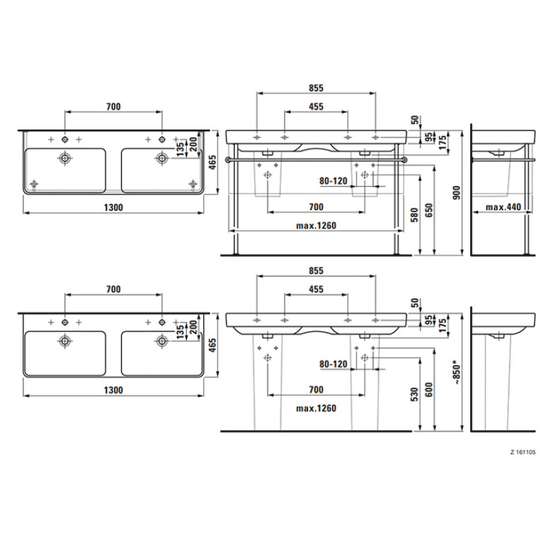 LAUFEN PRO S Раковина двойная 1300x465х175мм с 1 отв под смес на каждую раков, цвет белый глянц (со скл.продаем с 4.8308.2.095.485.R и по запросу без)
