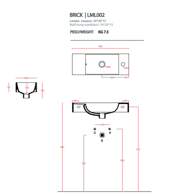 Artceram LAVAMANI BRICK  Раковина подвесная 20х54 см, с 1 отв под смеситель, со слив переливом, цвет белый.